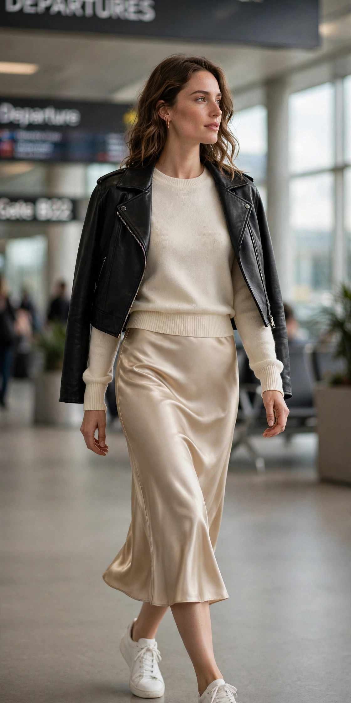 Woman in satin slip skirt with sneakers chic travel look