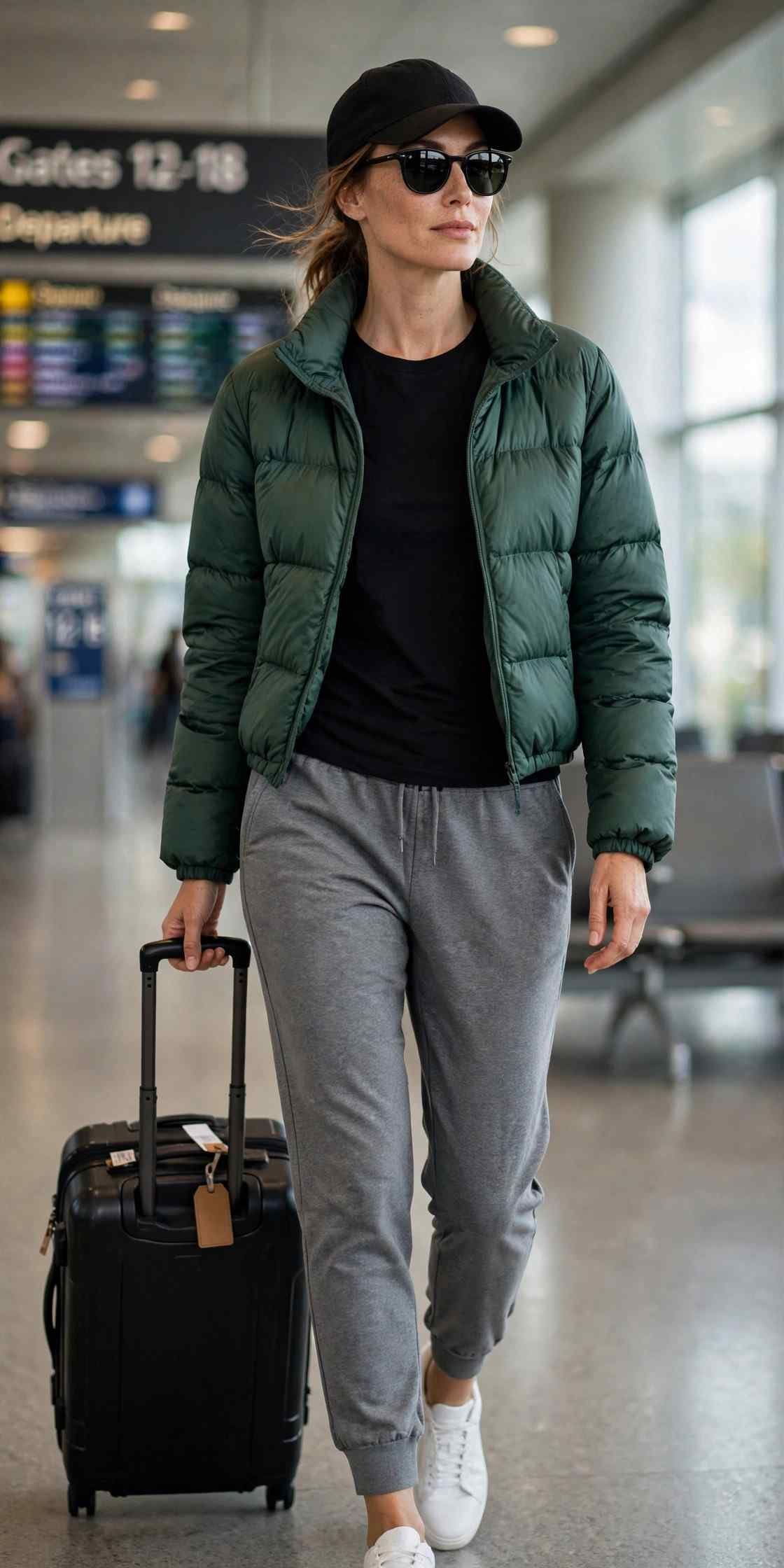 Woman in joggers and puffer jacket with suitcase airport style