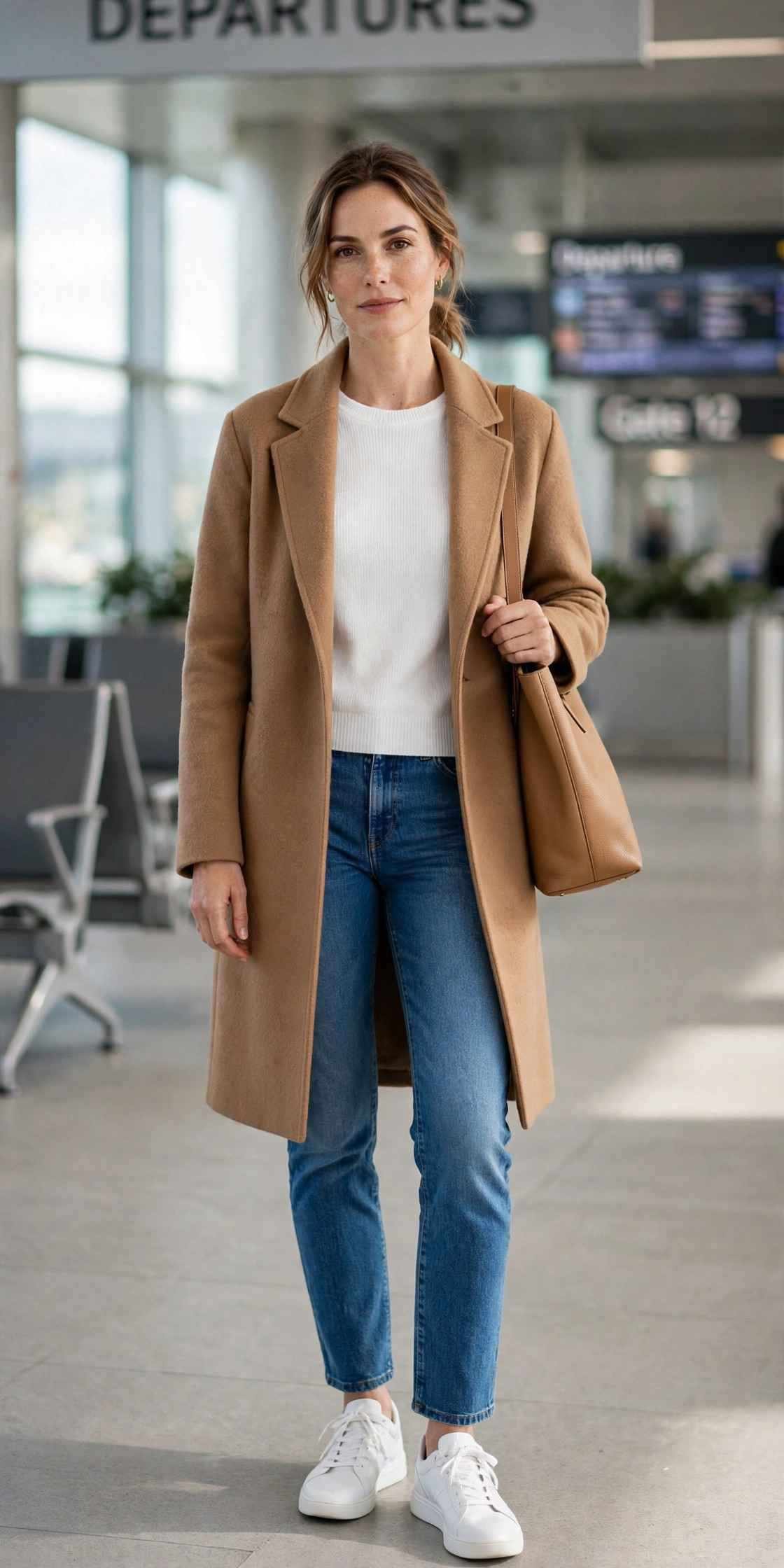 Woman in camel coat jeans and white sneakers travel outfit