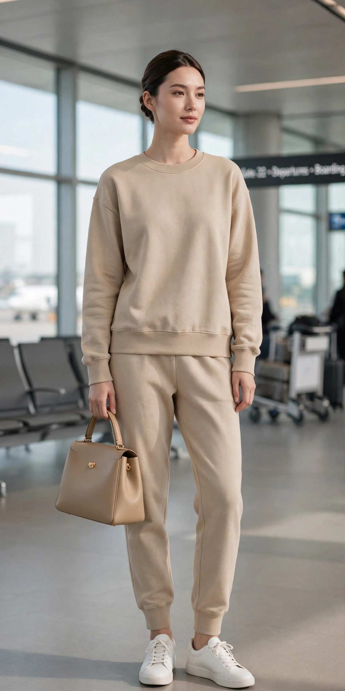 Woman in neutral co-ord sweat set comfortable airport look
