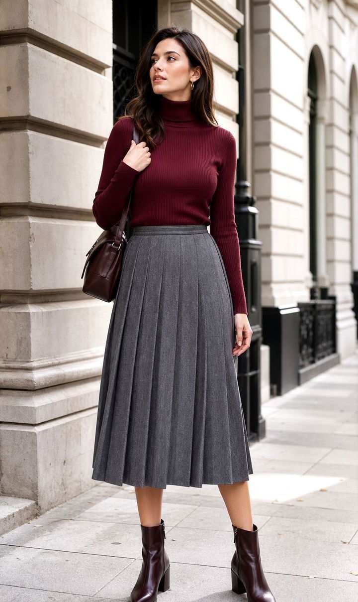 Woman in pleated midi skirt and turtleneck elegant travel outfit