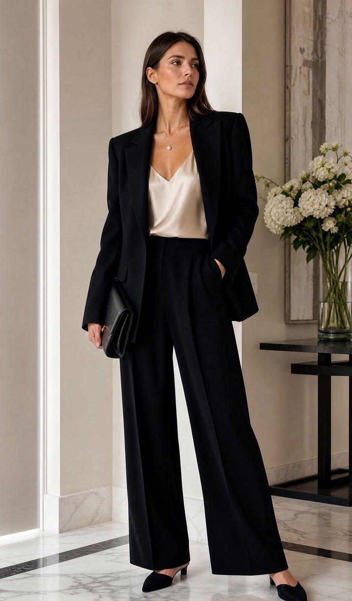 Woman in black blazer and tailored trousers business travel look