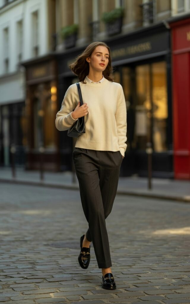 Woman in charcoal trousers and cream knit with loafers work travel