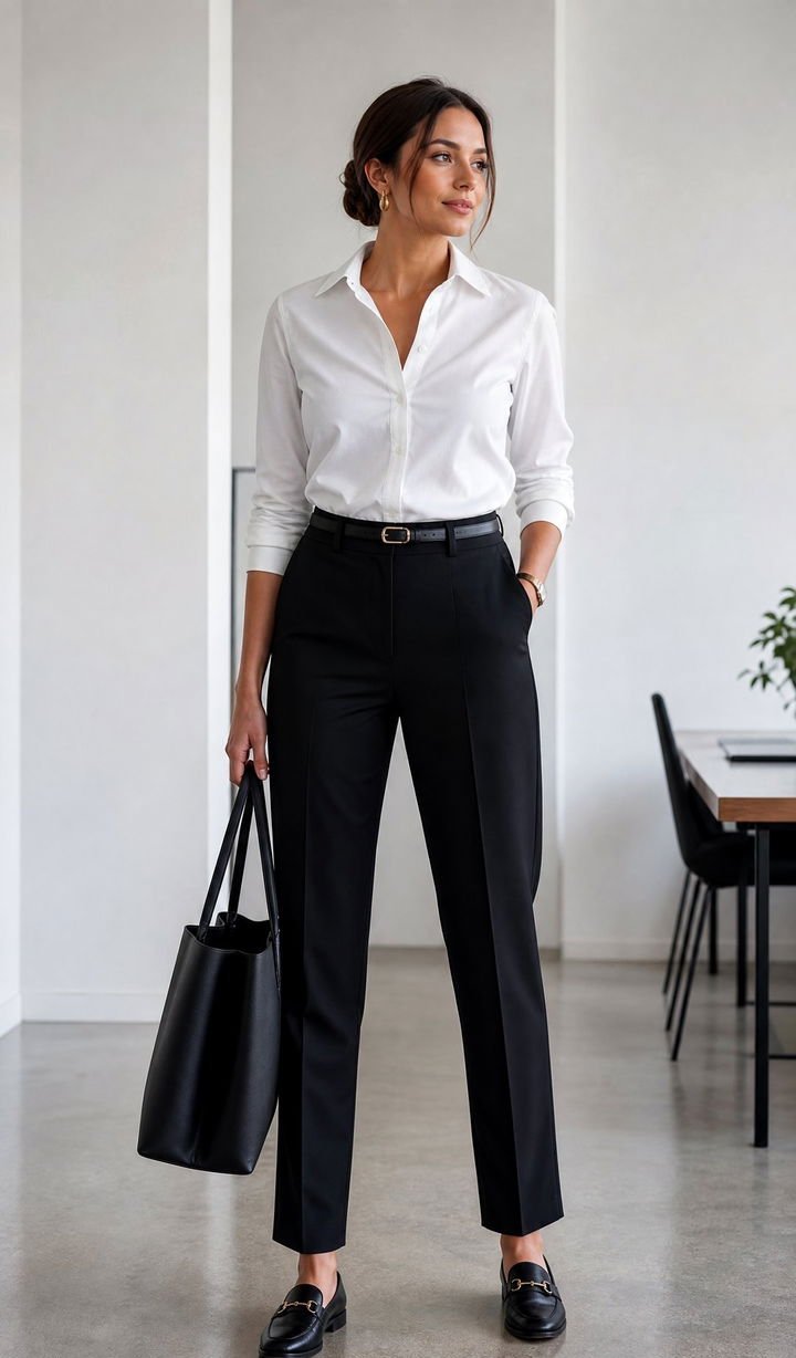 Woman in white shirt black trousers and gold jewelry office travel