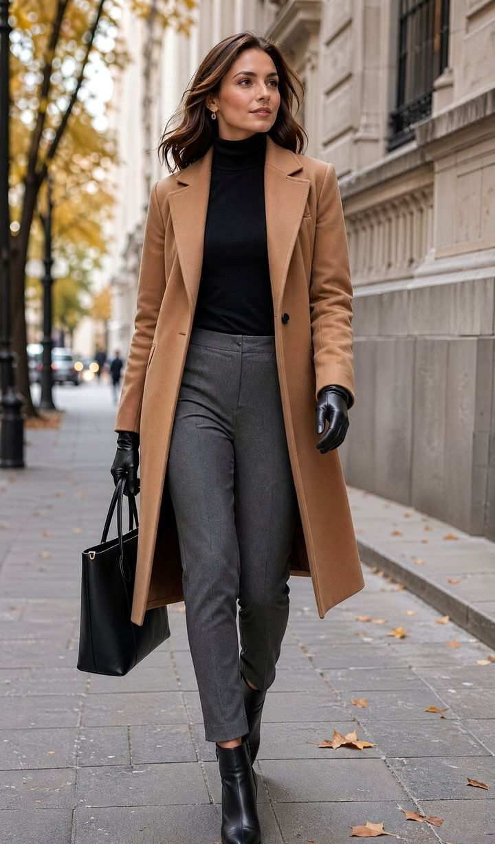 Woman in camel wool coat over black workwear business travel