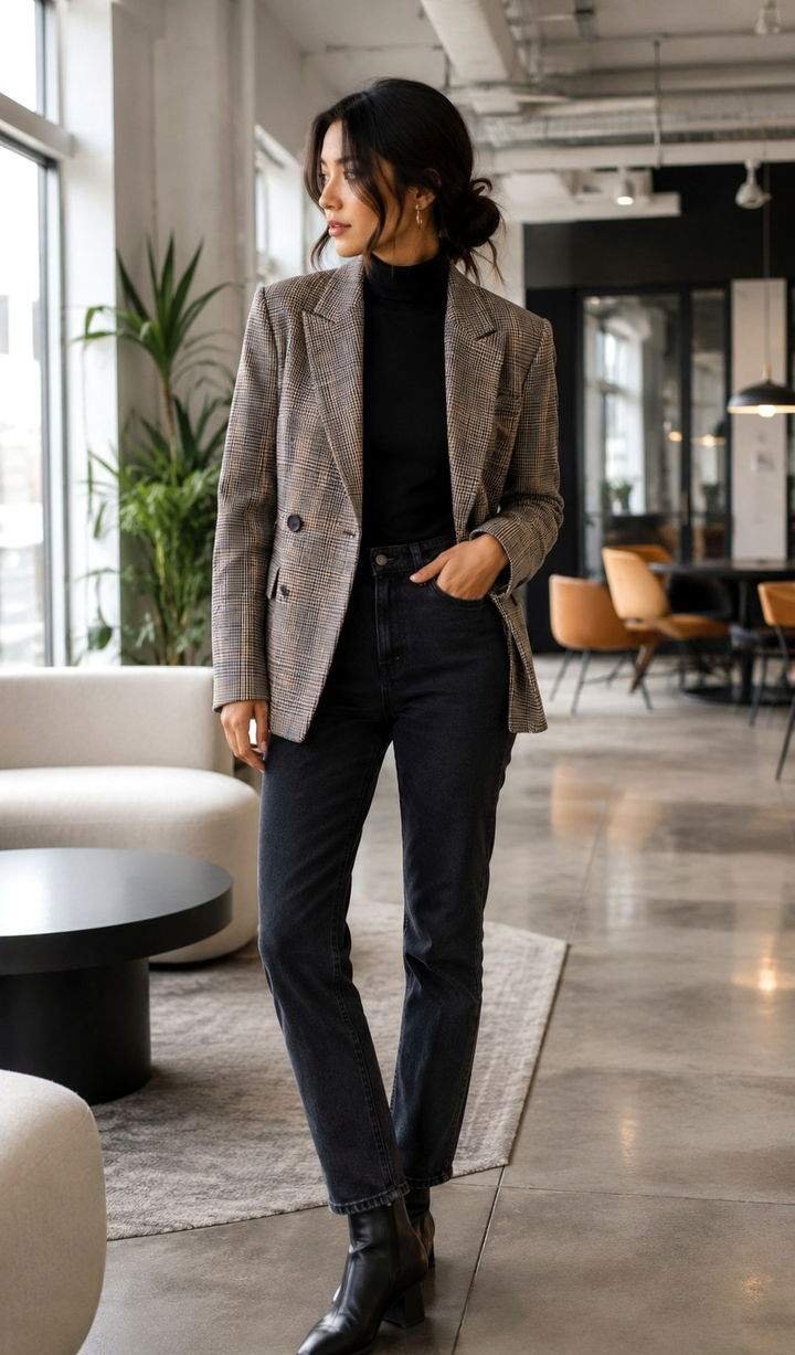 Woman in plaid blazer turtleneck and dark jeans business casual travel
