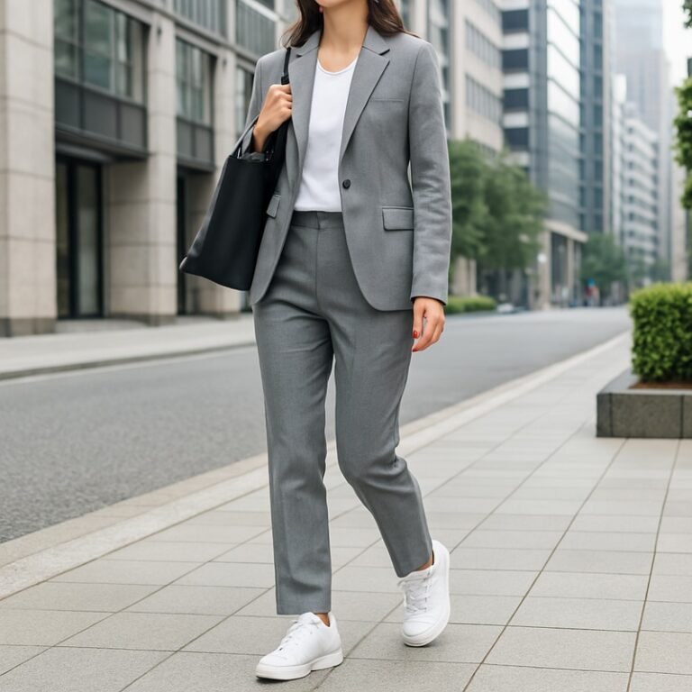 Woman in grey suit with sneakers business travel outfit
