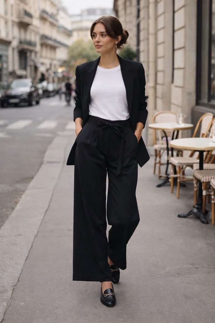 Woman in wide leg pants and fitted blazer modern work outfit