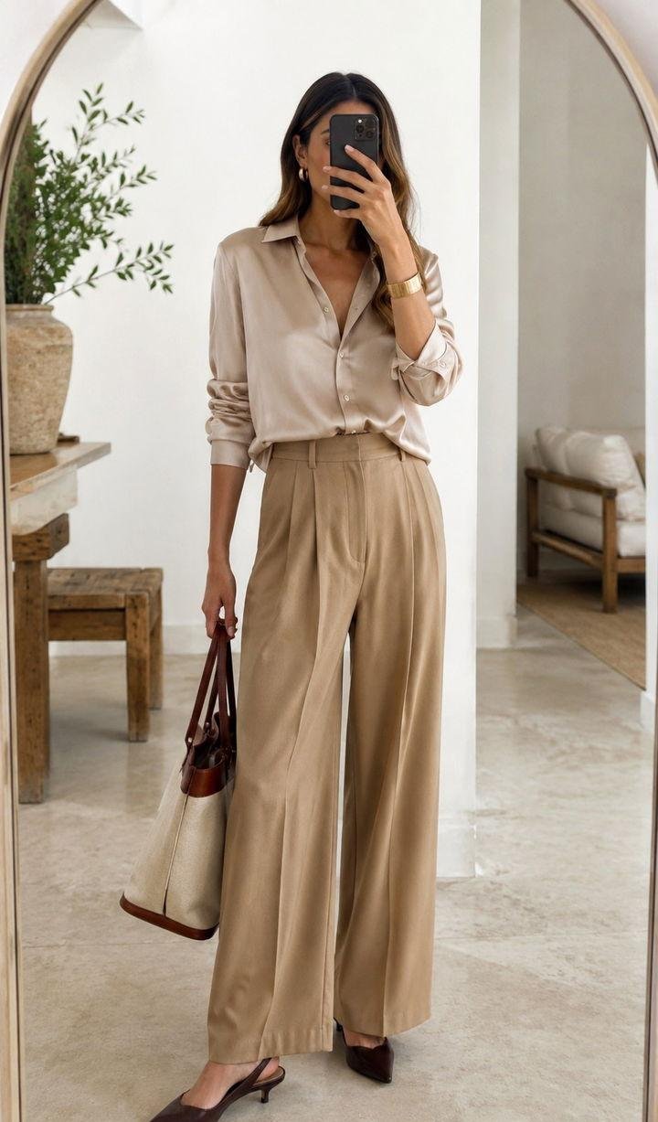 Woman in silk shirt and pleated trousers elegant work travel