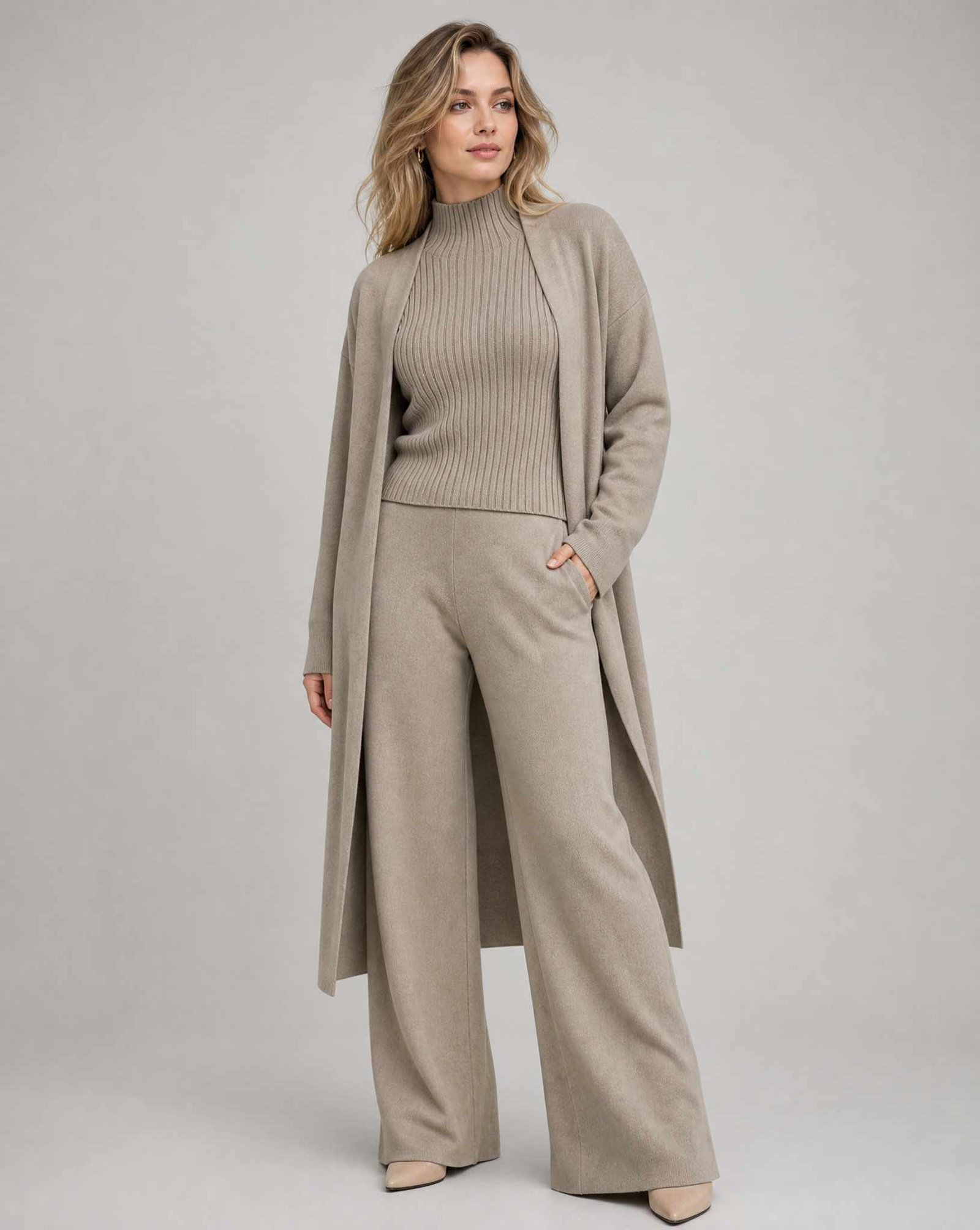 Woman in knit cardigan set soft professional work outfit