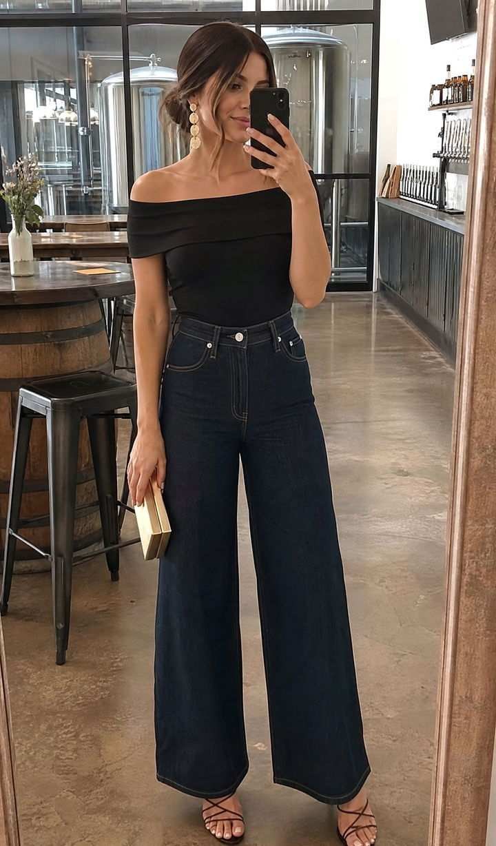 Woman in elegant off shoulder top romantic outfit