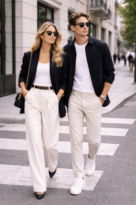Stylish couple traveling together coordinated airport outfits