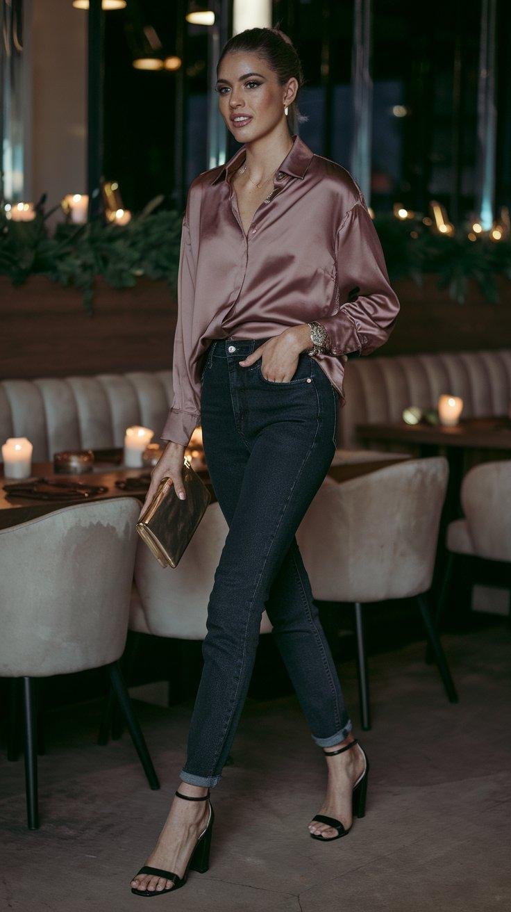 Woman in elegant blouse at candlelit restaurant date night