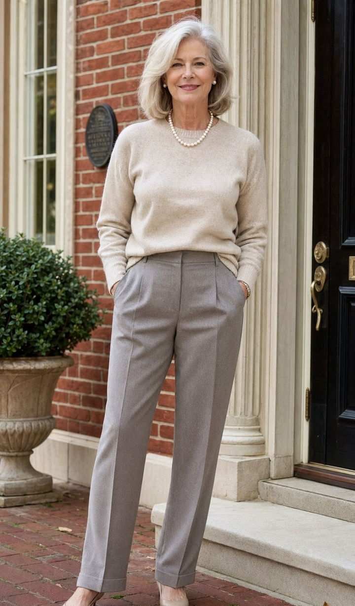 Elegant mature woman in tailored trousers and cashmere sweater travel look