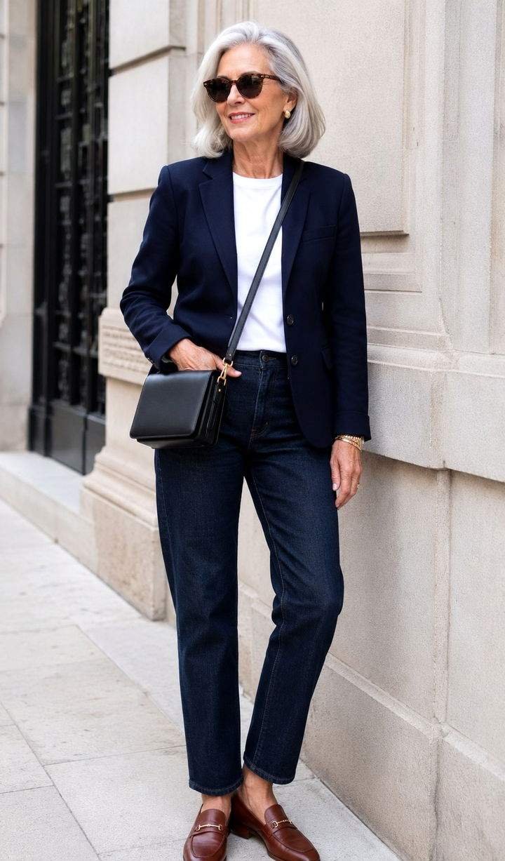 Stylish older woman in dark jeans blazer and loafers airport outfit