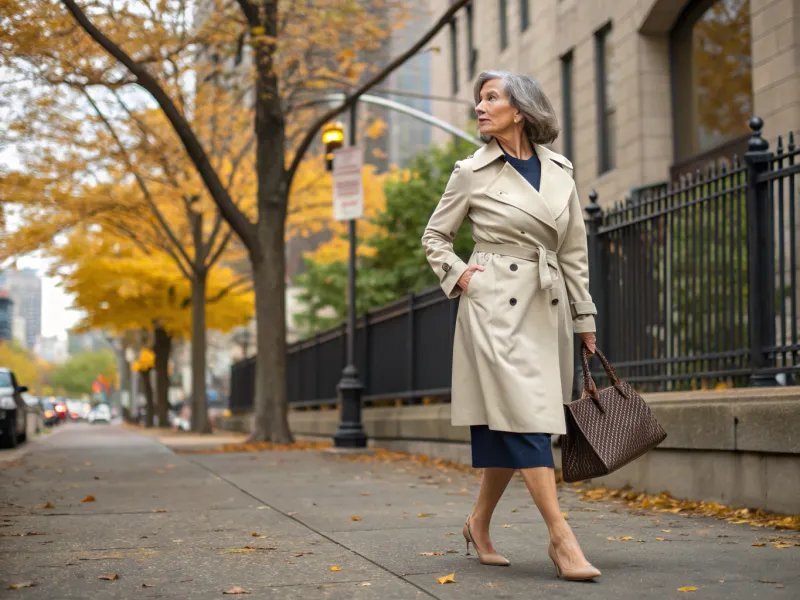 Mature woman in classic trench coat timeless travel style