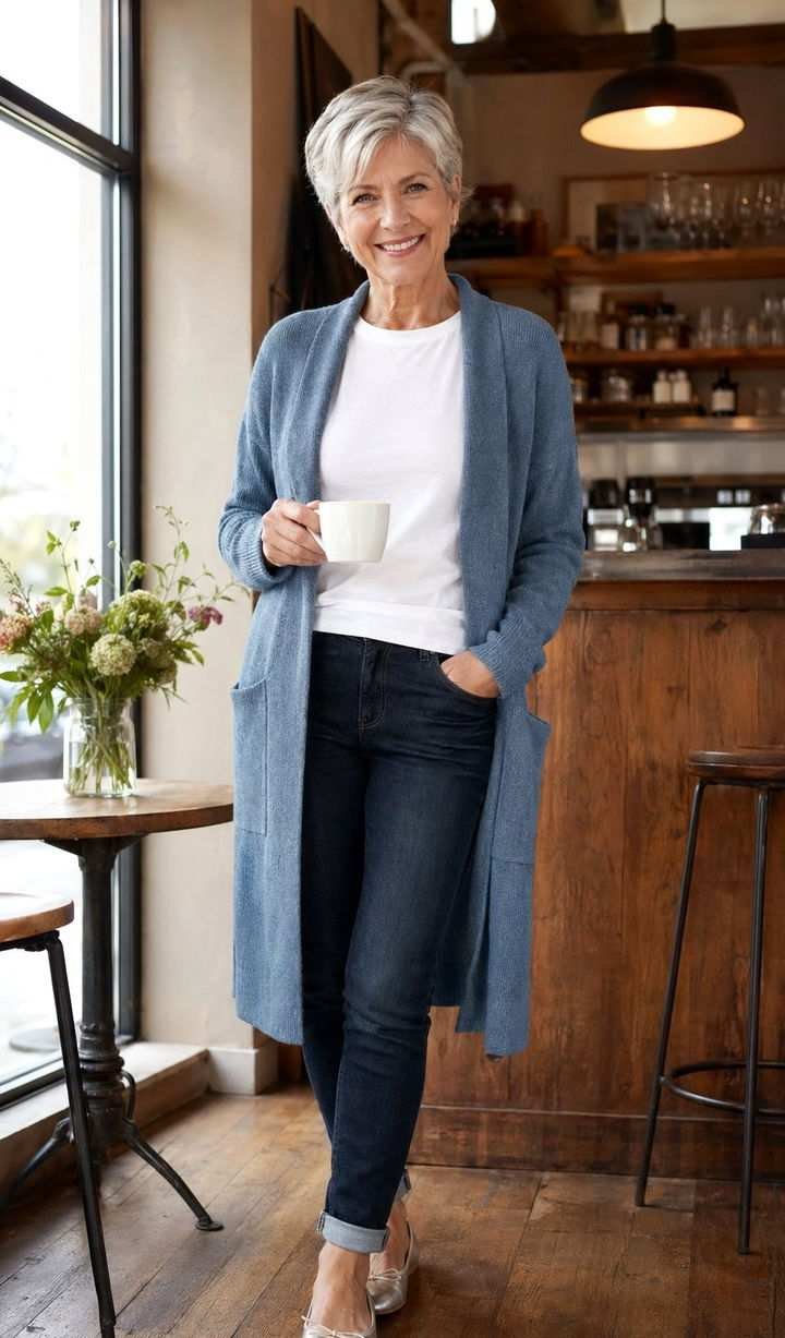Mature woman in cozy cardigan comfortable travel outfit