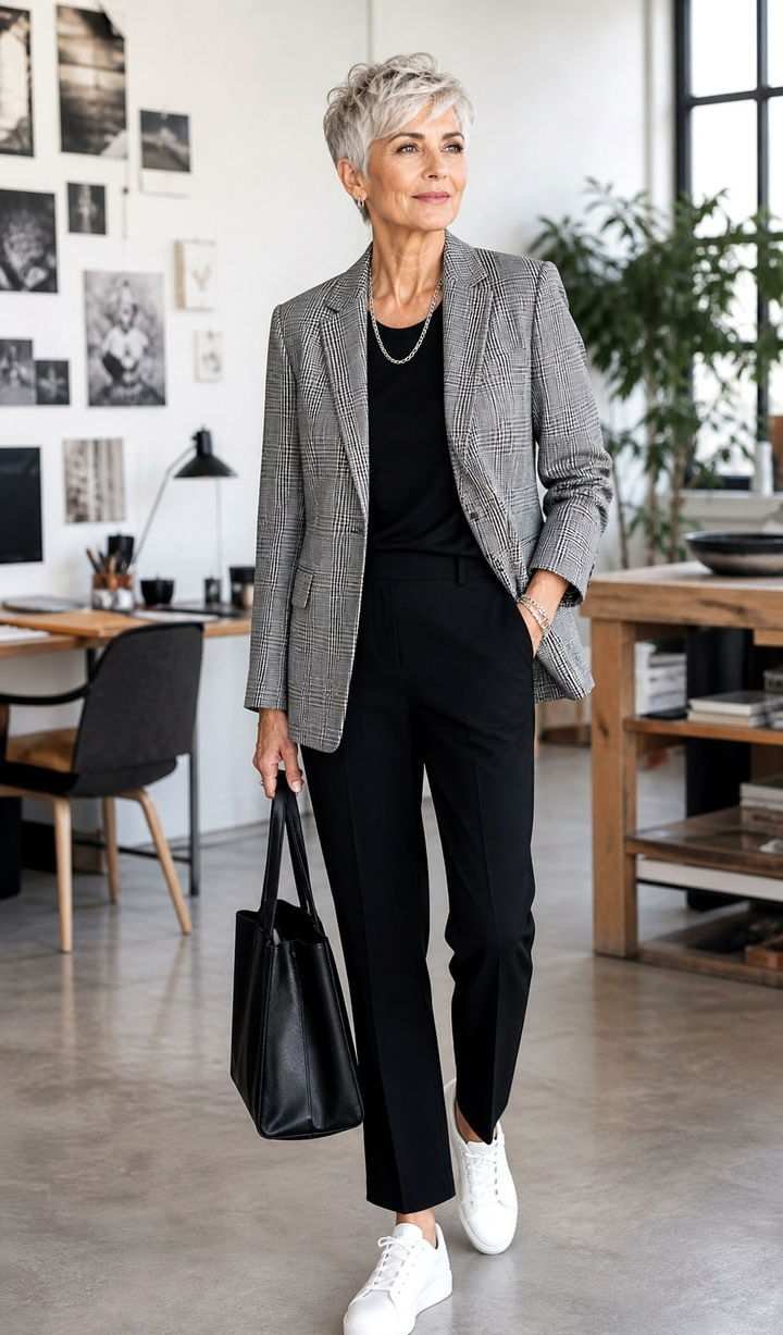 Stylish older woman wearing sneakers with tailored outfit travel