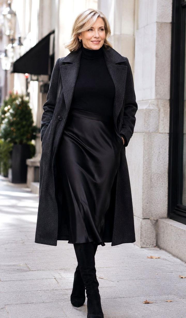 Mature woman in midi skirt and knee high boots elegant travel