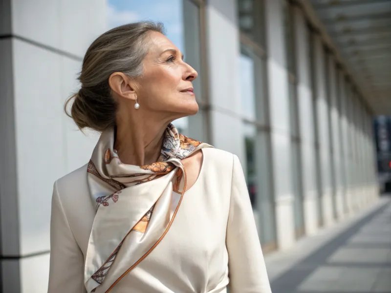 Elegant older woman with statement scarf chic travel accessory