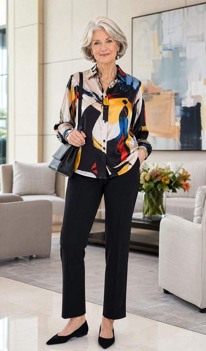 Mature woman in bright top with black pants colorful travel outfit