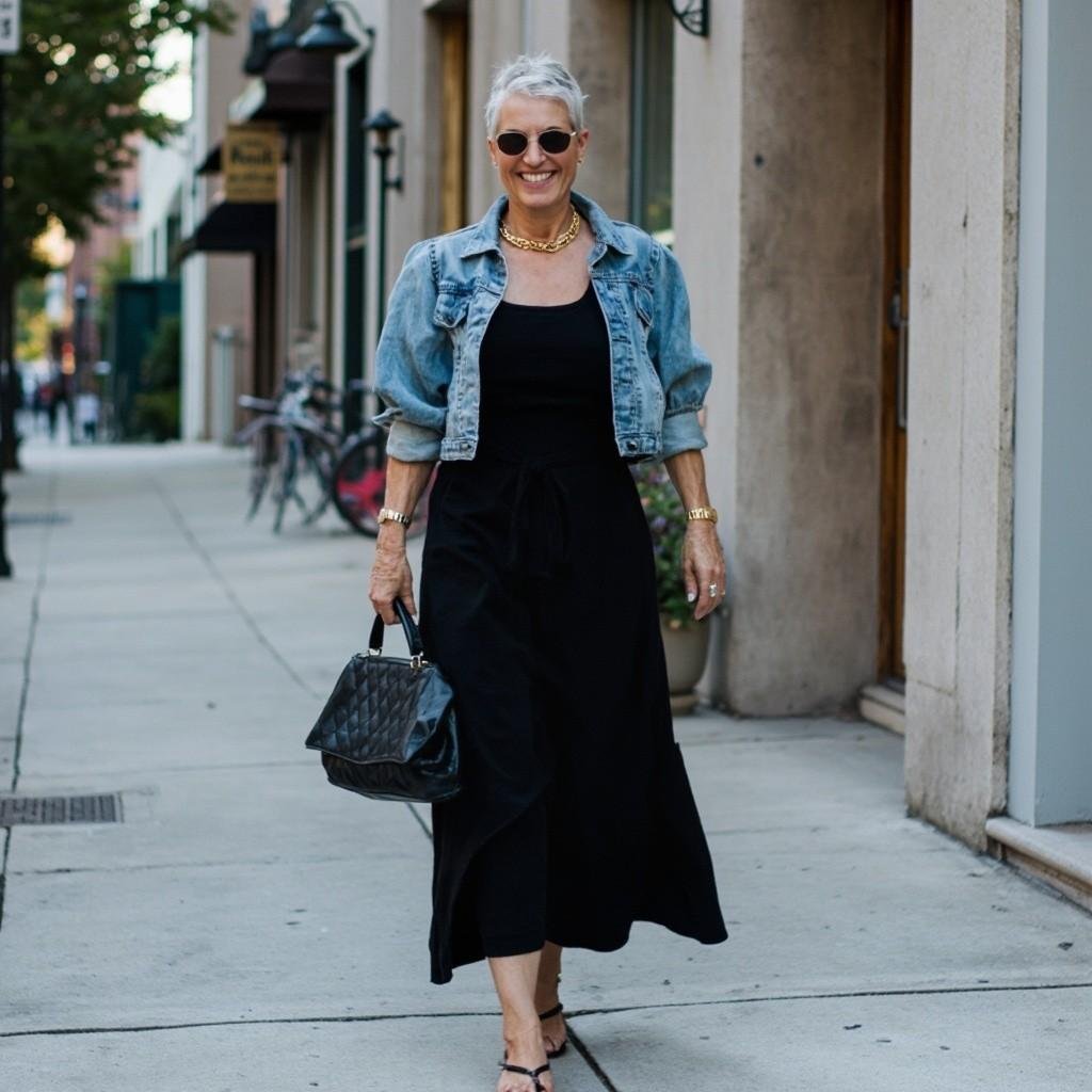 Stylish mature woman in denim jacket timeless casual travel