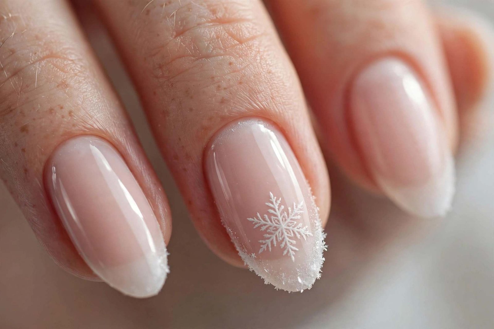 Nude nails with delicate white snowflake nail art