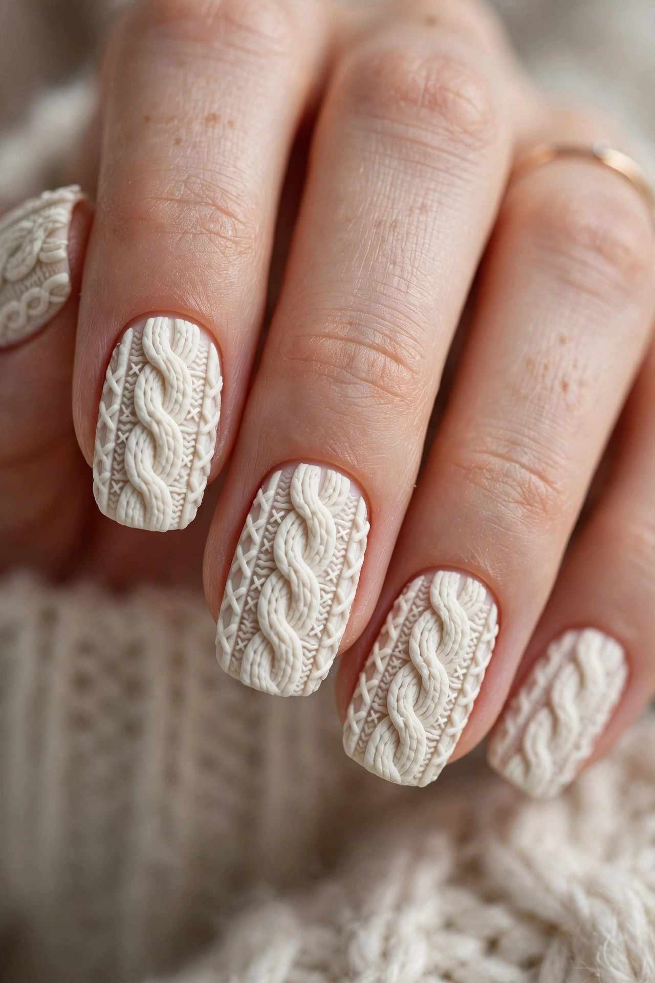 White cable-knit sweater texture nail art