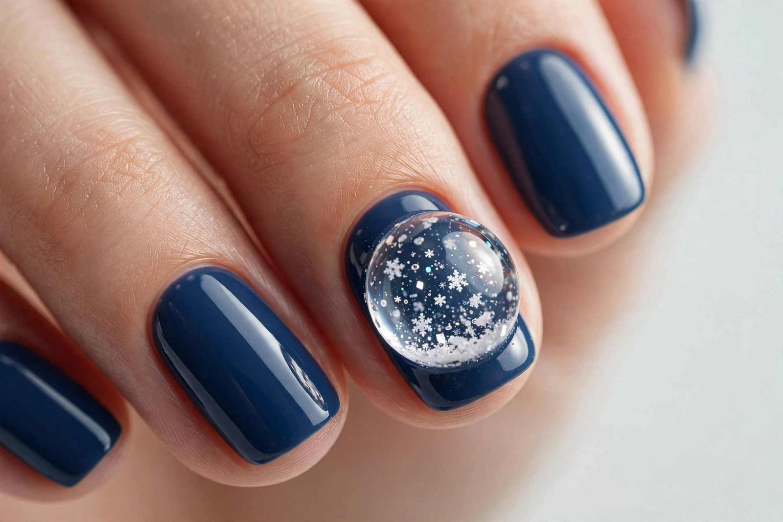 Winter press-on nails with snow globe style accents