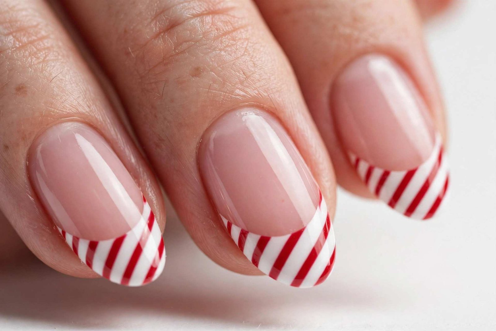 Red and white peppermint candy cane nail art
