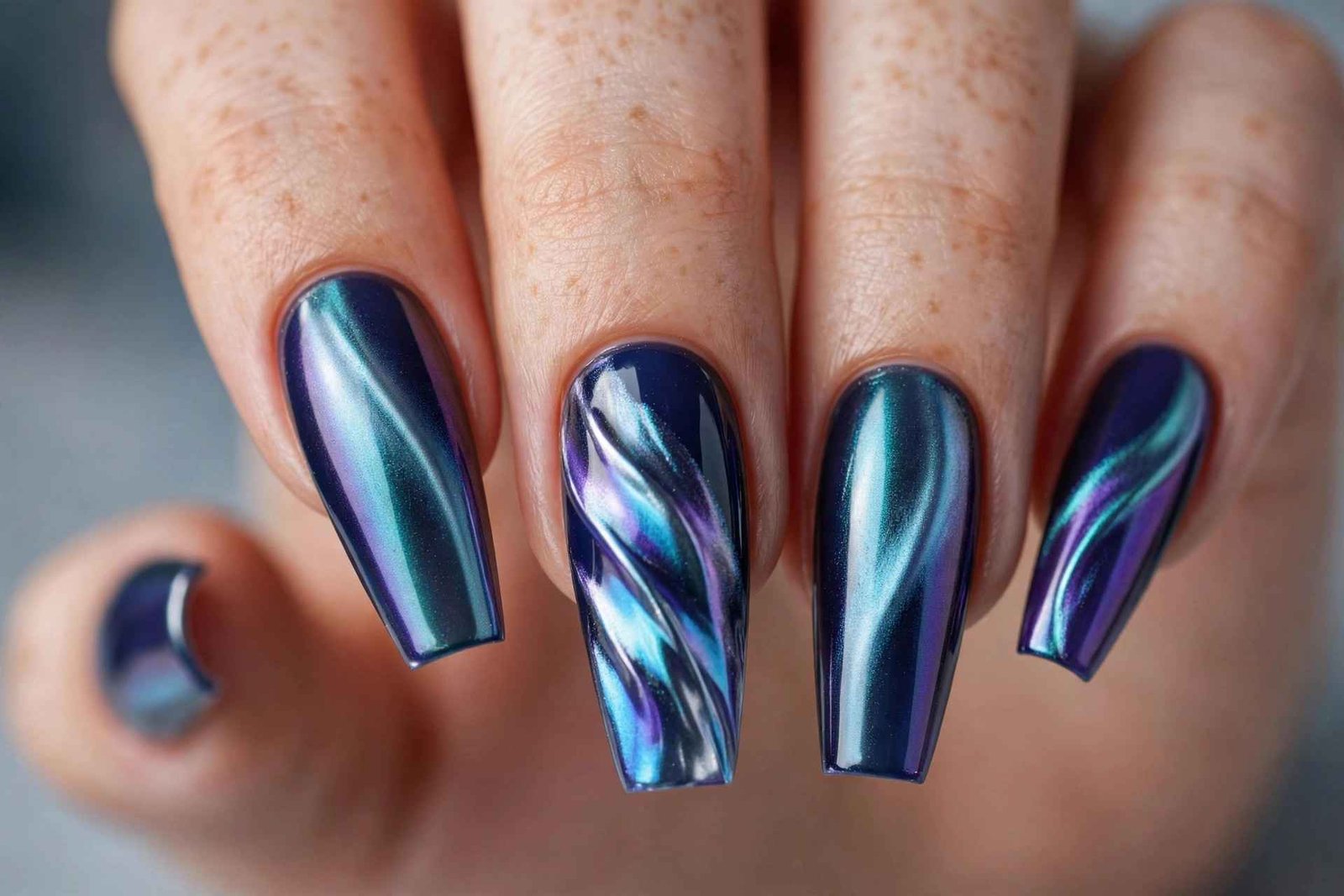 Iridescent aurora chrome winter nails