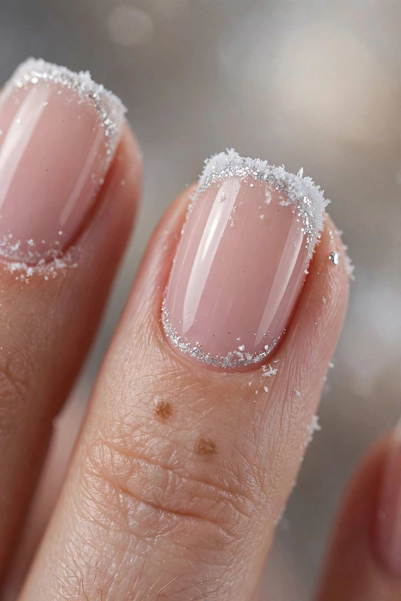 Silver glitter dusted French tip winter nails
