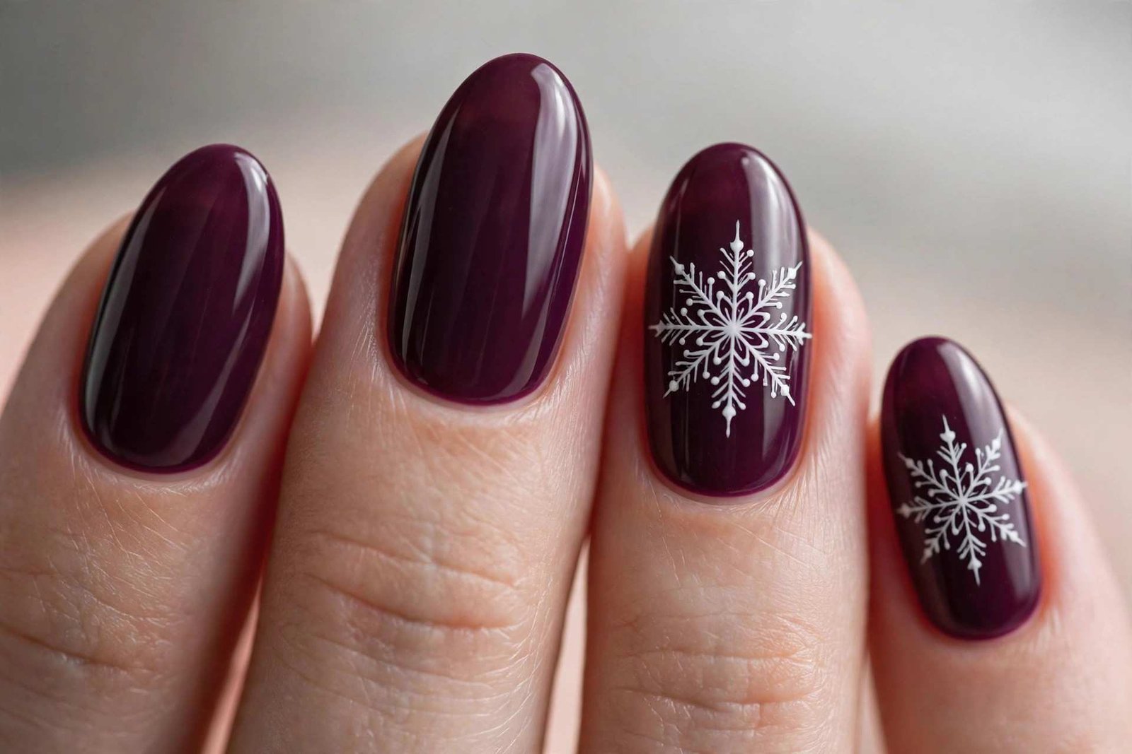Deep plum nails with white snowflake nail art
