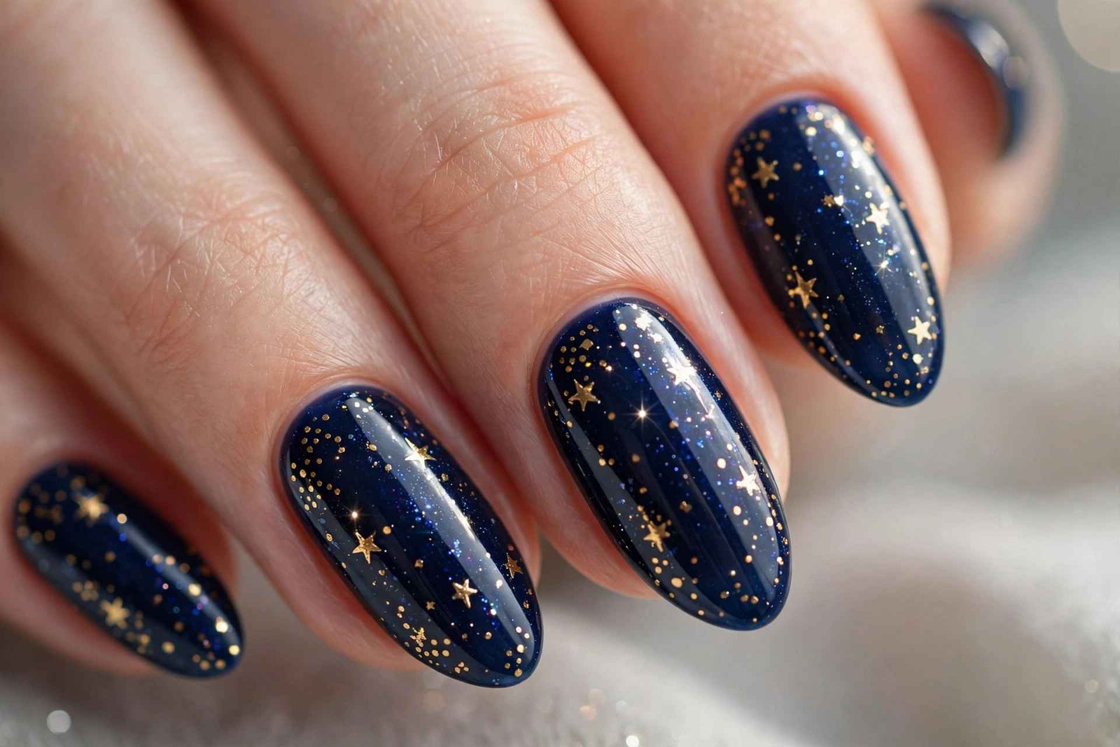 Midnight blue nails with gold starry night nail art