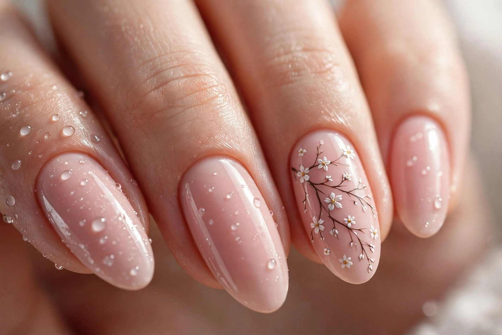 Blush pink nails with delicate white winter floral nail art