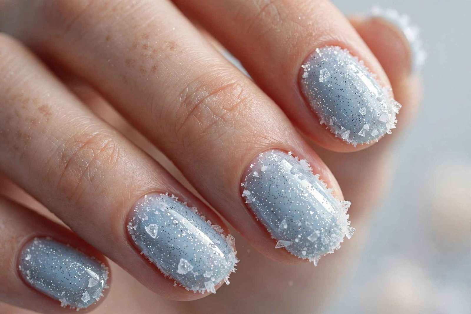 Icy blue frosted shimmer winter nails with snowflakes