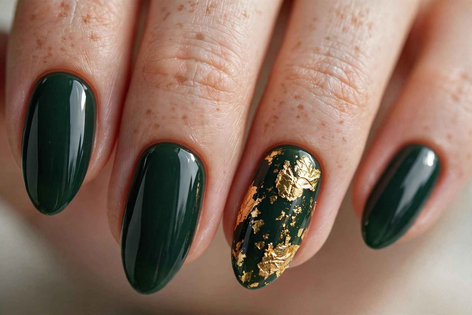 Deep evergreen nails with gold foil accents