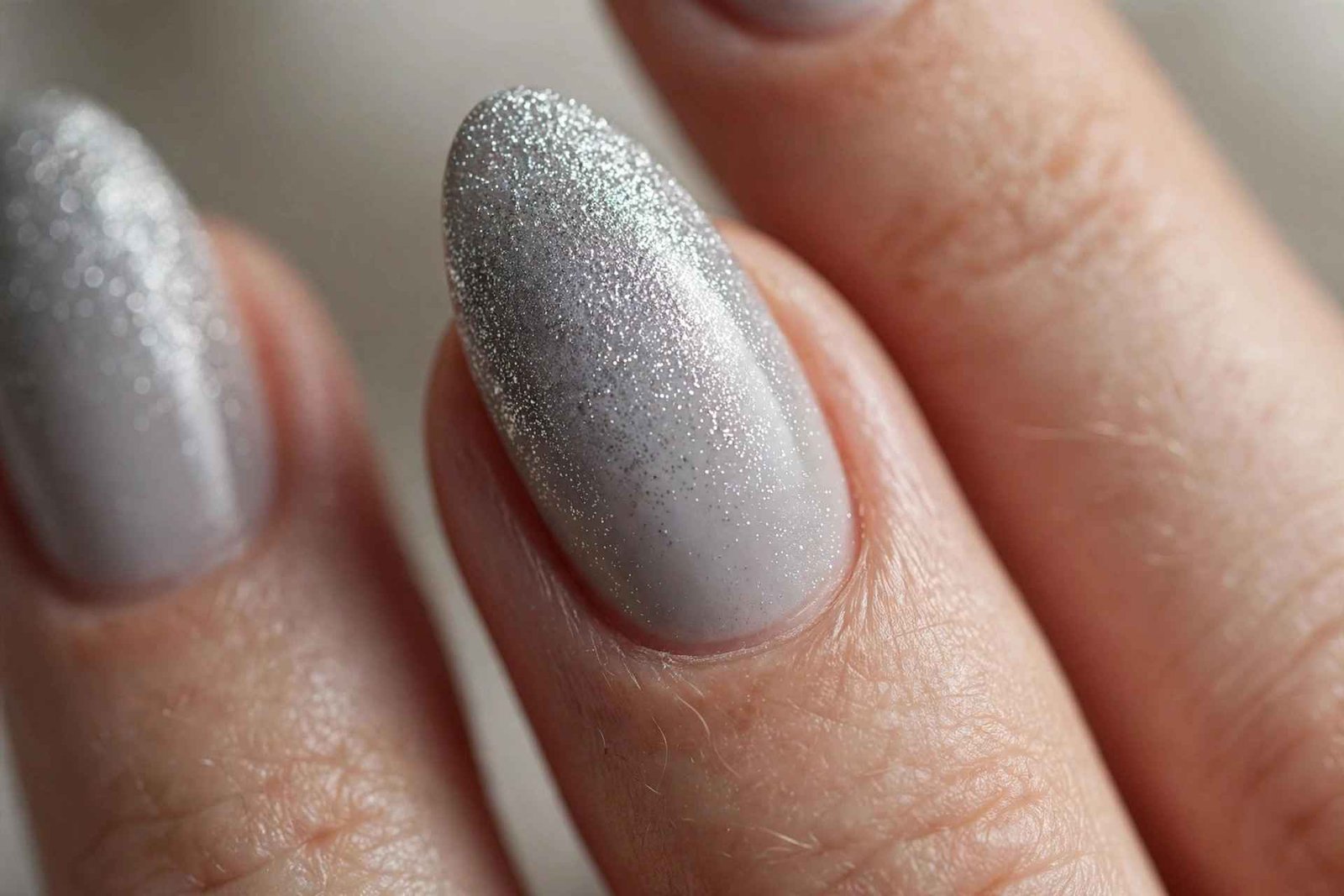 Grey nails with silver glitter gradient tips