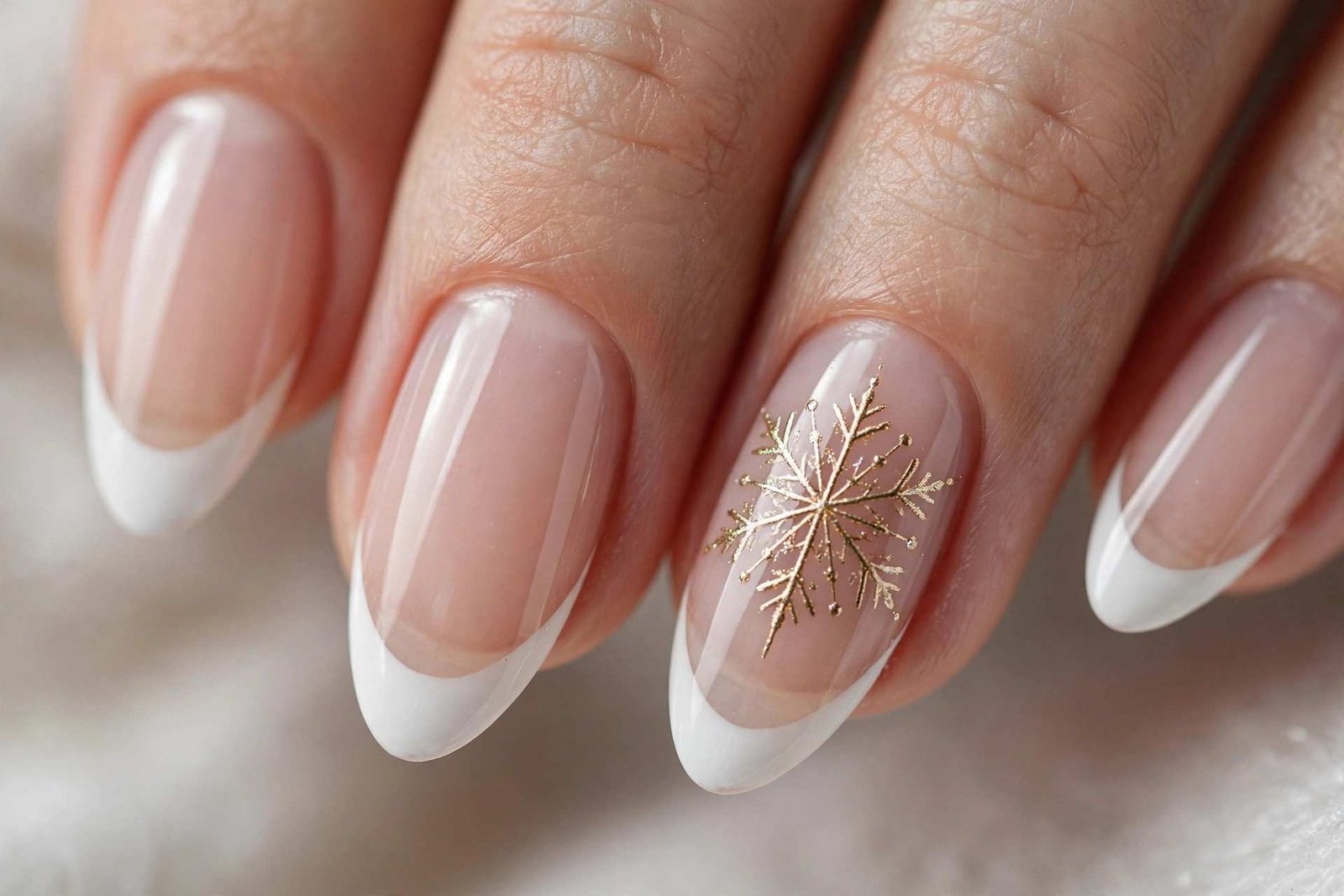 White French tips with gold snowflake nail art