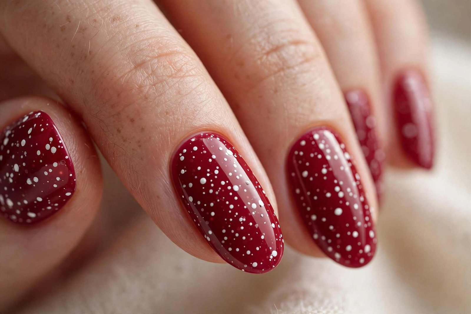Berry red nails with white snowfall dot nail art