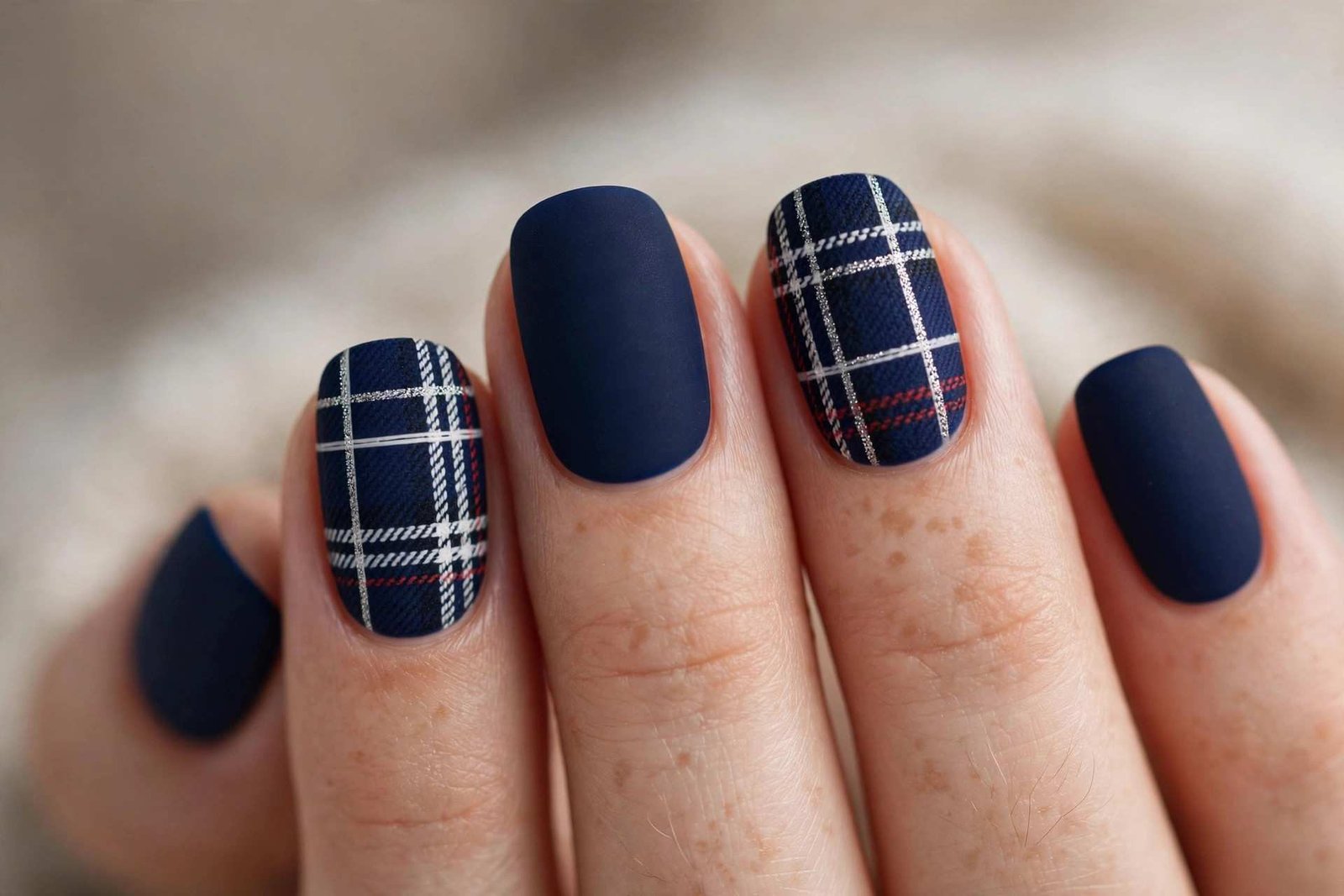 Navy blue plaid checkered winter nail art