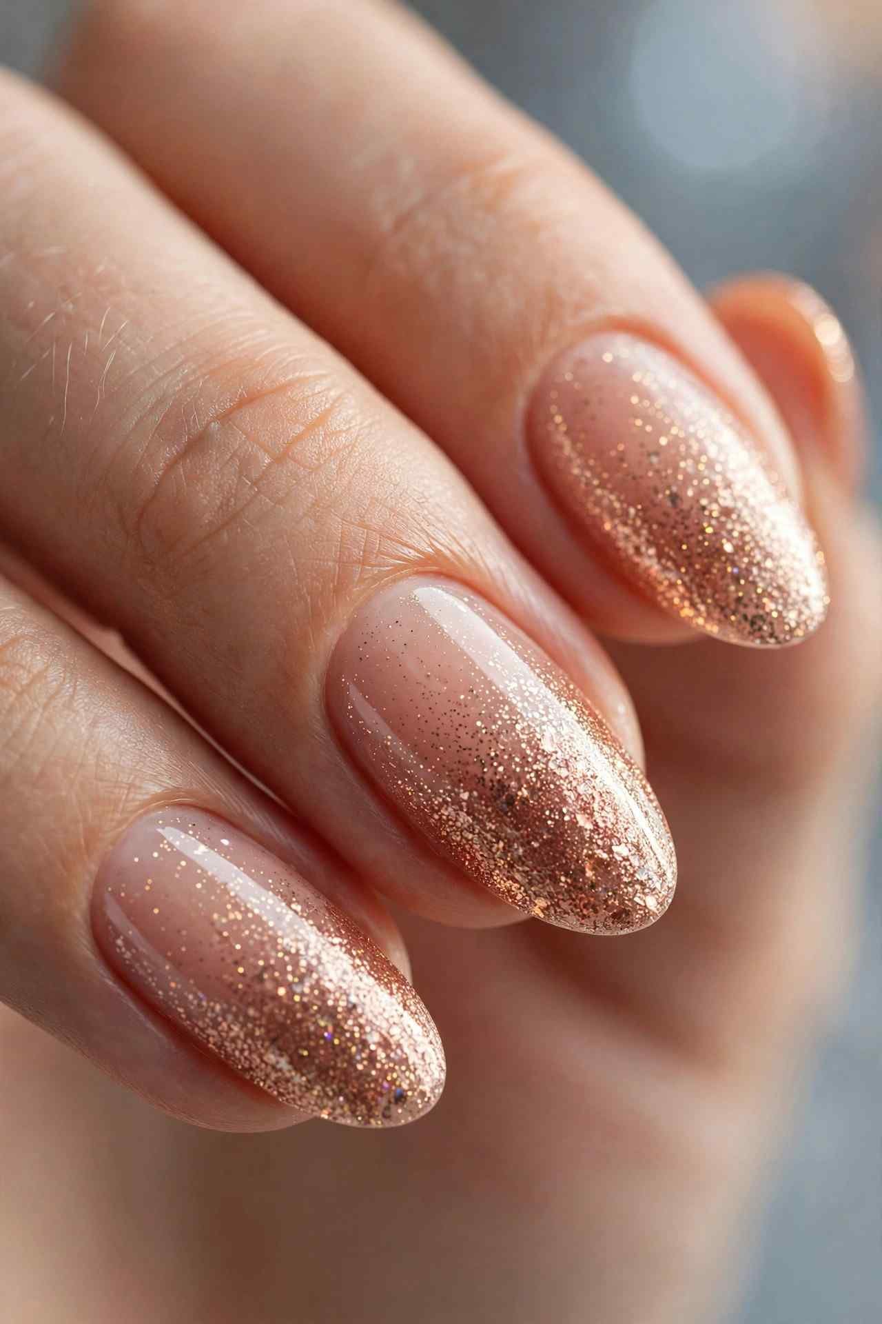Rose gold glitter fade ombre winter nails