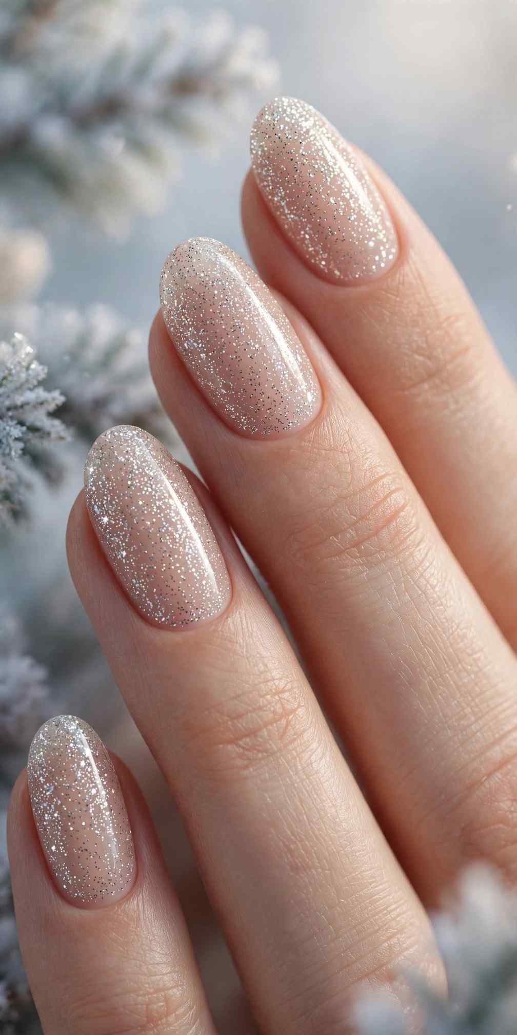 Nude nails with fine glitter top coat