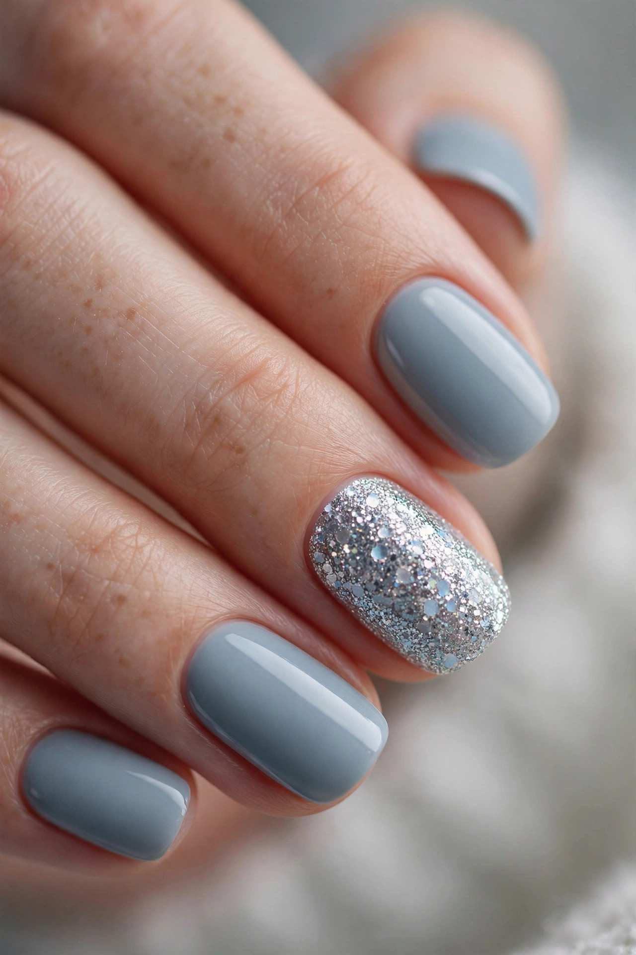 Nude nails with single glitter accent nail