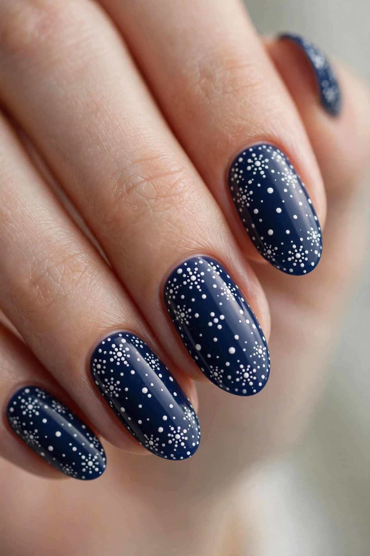 Navy nails with white dotted snowfall nail art