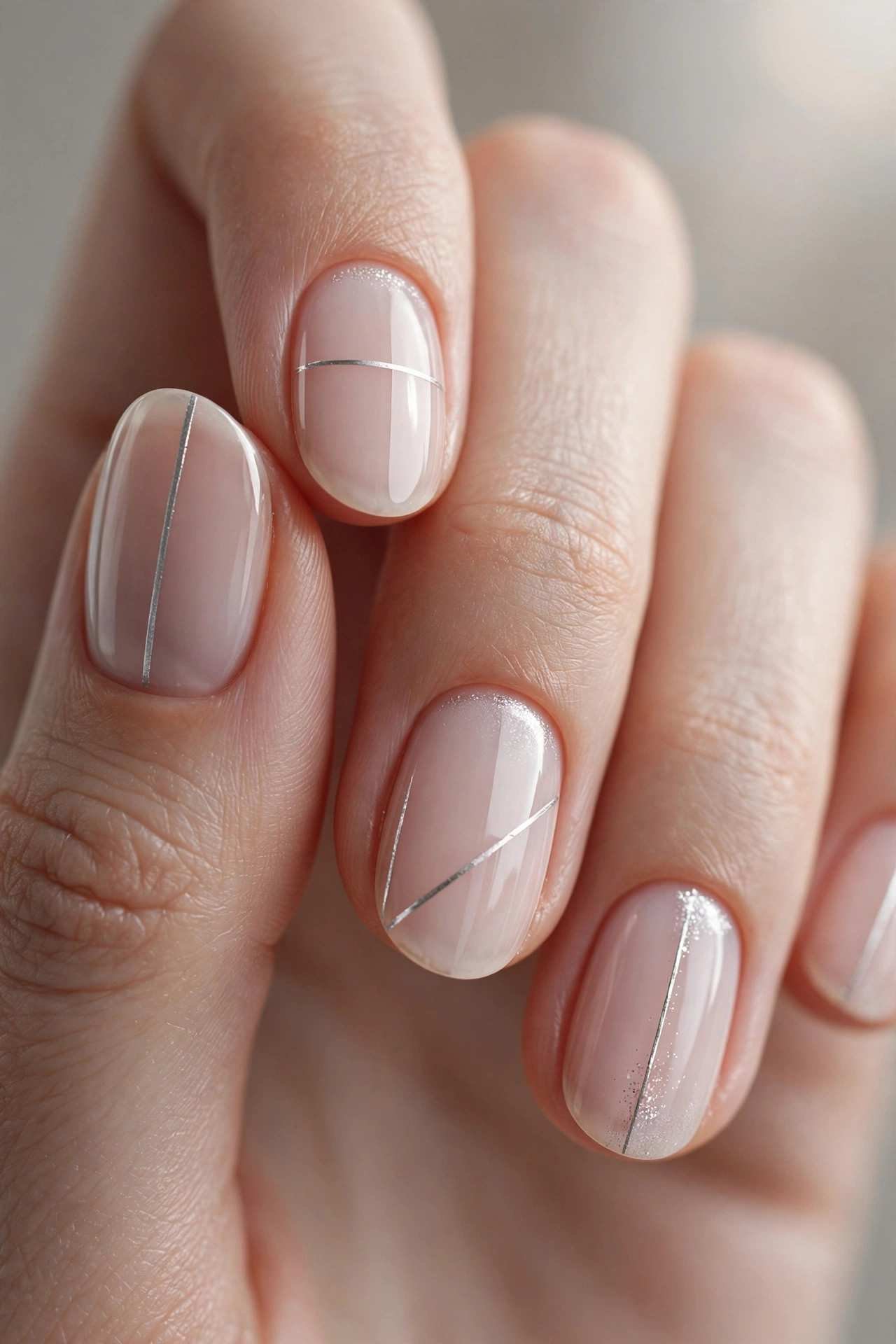 Minimalist silver line nail art on nude nails