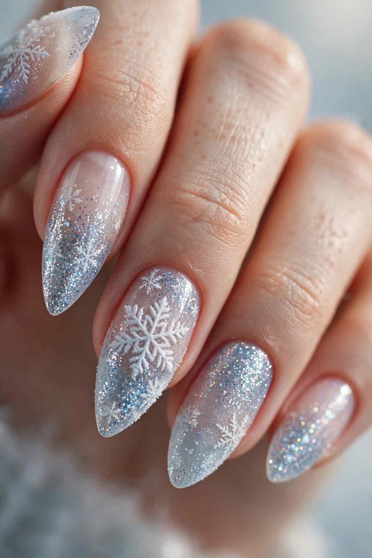 Winter press-on nail set with snowflake designs