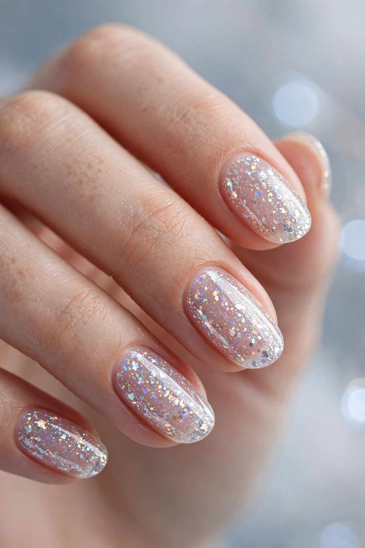 Clear sparkle glitter top coat on natural nails