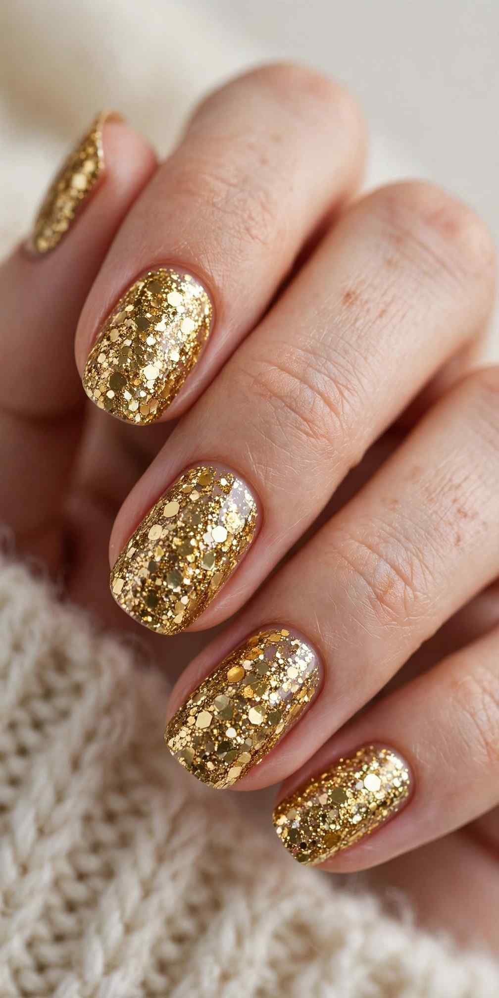 Full gold glitter winter nail manicure