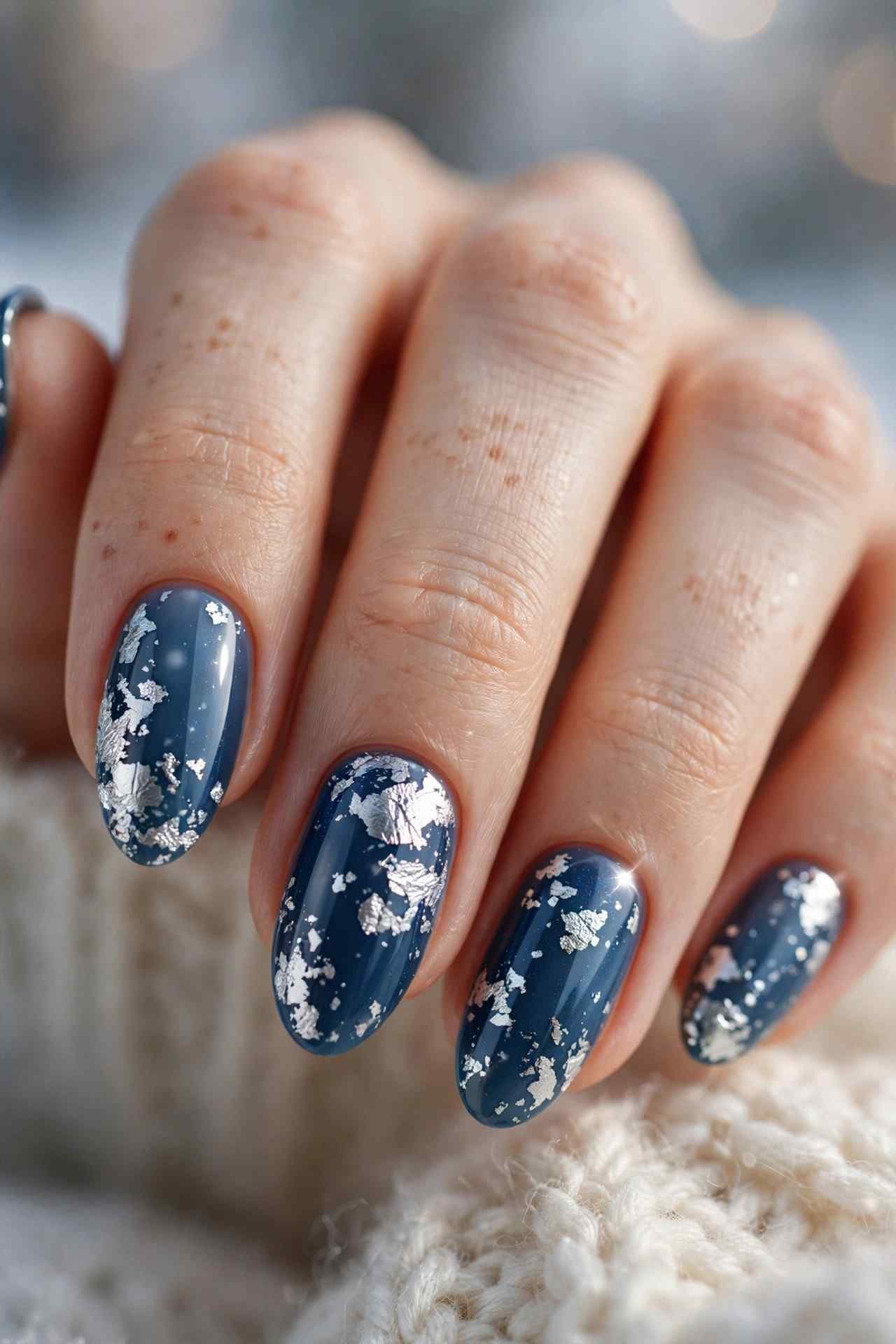 Silver foil flake minimalist winter nail art